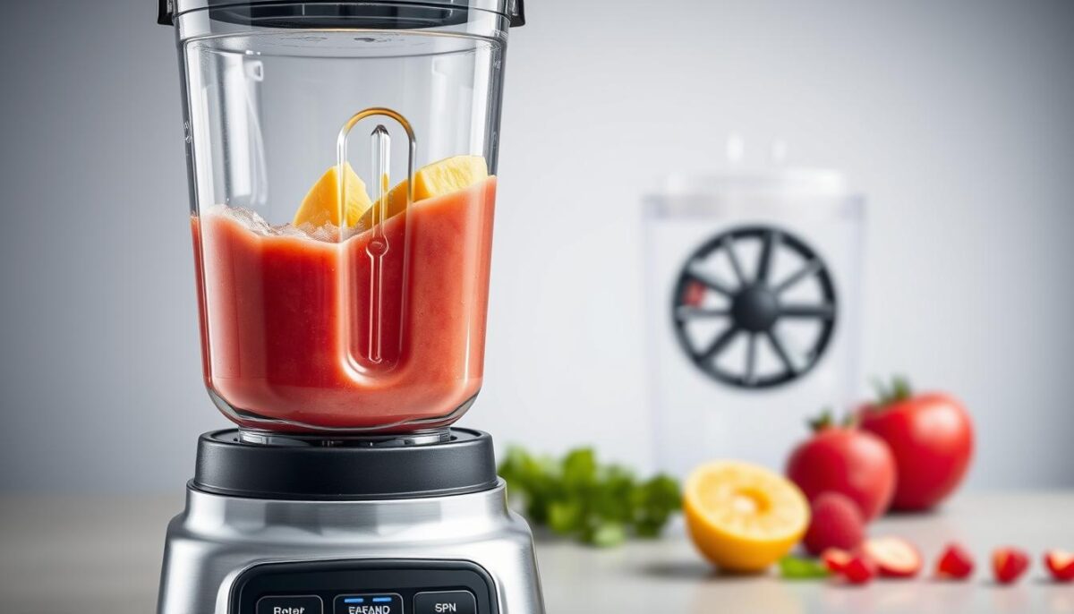 Generate an image of a commercial blender designed for smoothies and frozen ingredients, highlighting its cooling system and reinforced blades.