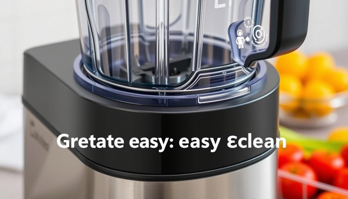 Generate an image of a commercial food prep blender with a large, easy-to-clean container.