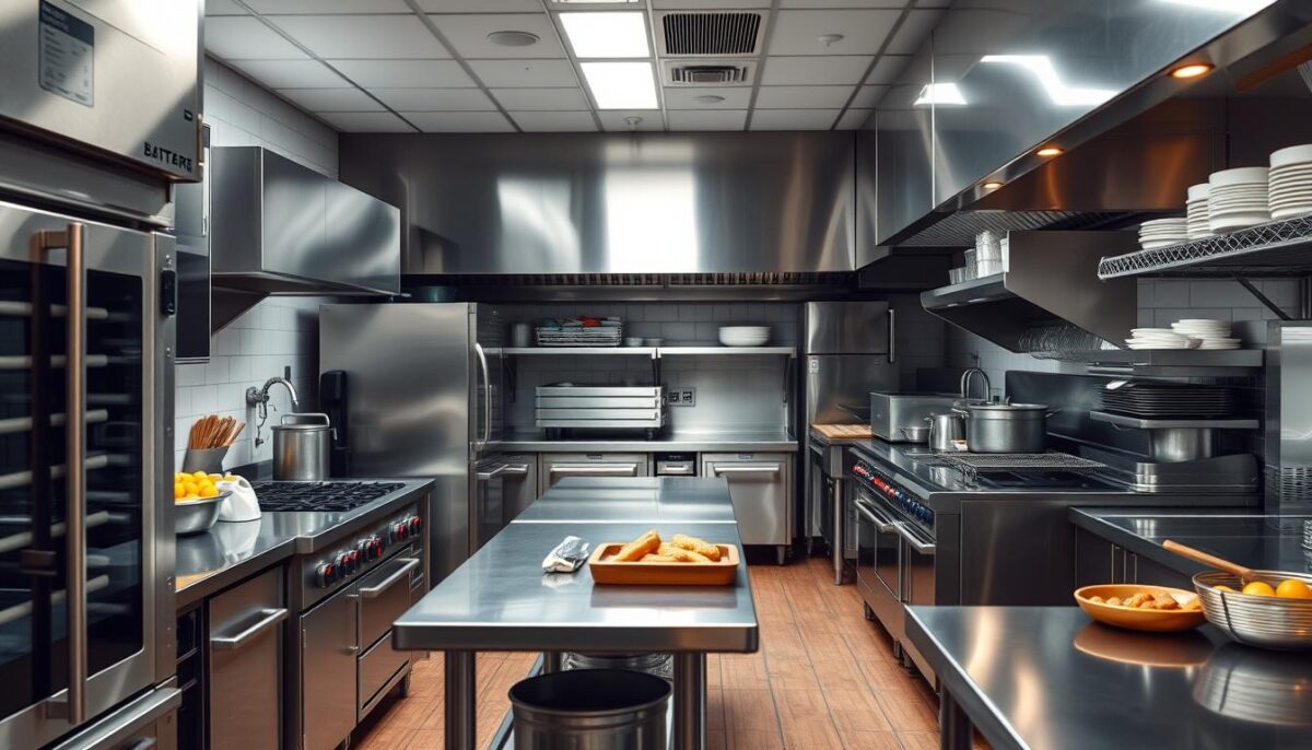 Generate an image of a commercial kitchen with equipment from The Restaurant Store.