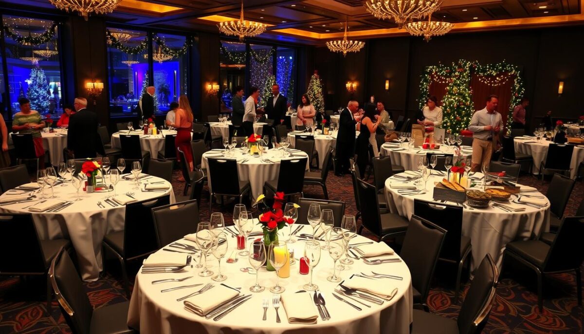 Generate an image of a corporate holiday event with catering services