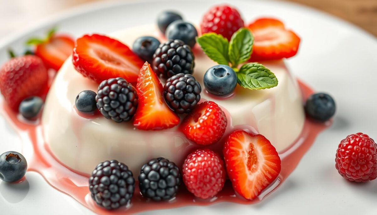 Generate an image of a creamy panna cotta dessert topped with mixed summer berries.