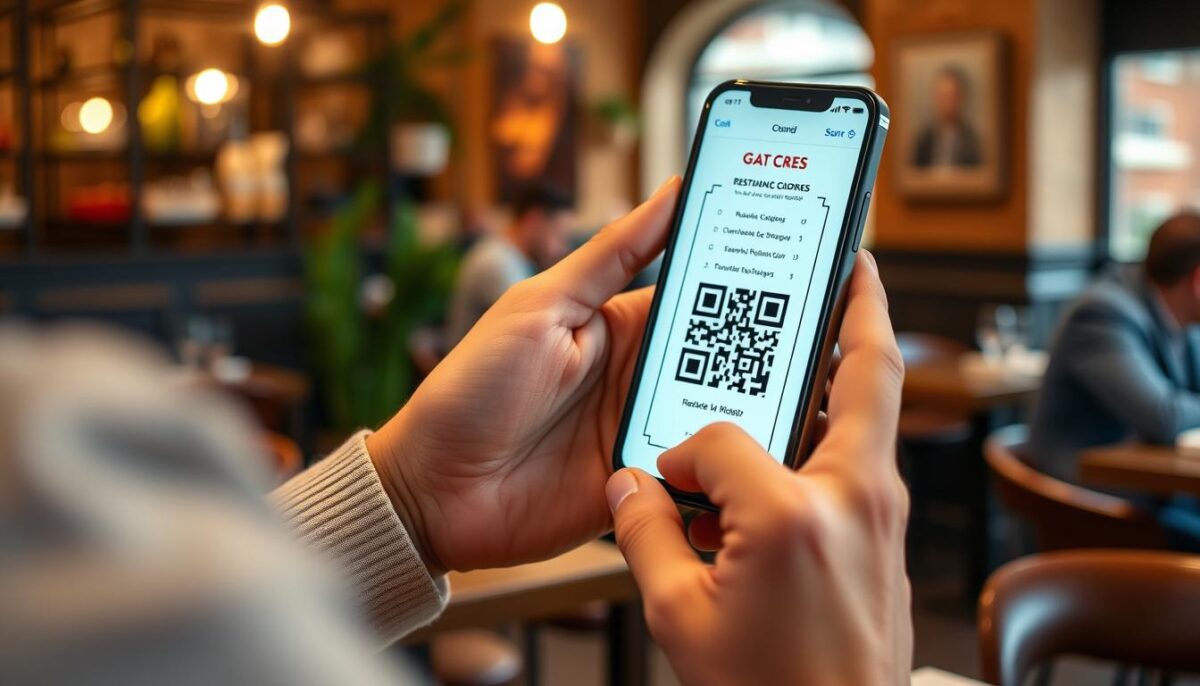 Generate an image of a customer scanning a QR code on their smartphone to access a restaurant menu.