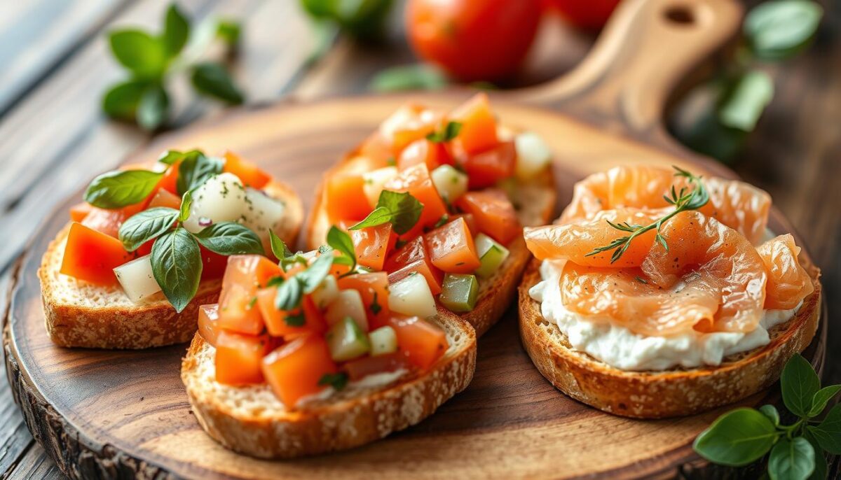Generate an image of a gourmet bruschetta trio served on a rustic wooden board with toasted bread, fresh mixtures of tomatoes & basil, cucumber salsa, and smoked salmon spread.