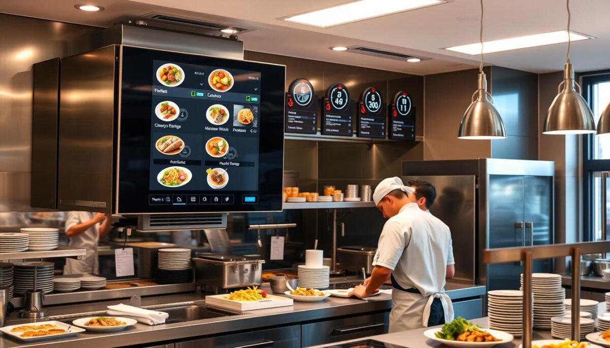 Generate an image of a modern restaurant kitchen with a Kitchen Display System (KDS) screen showing orders and timers.