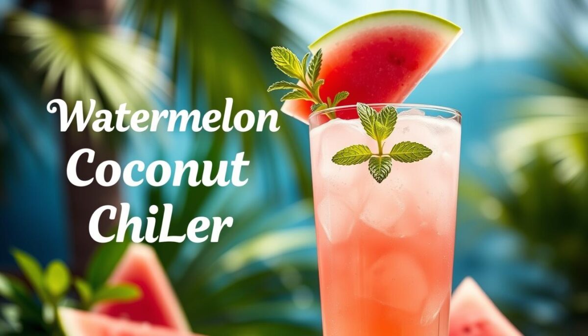 Generate an image of a refreshing Watermelon Coconut Chiller drink with a sprig of mint and a slice of watermelon on the rim of the glass.