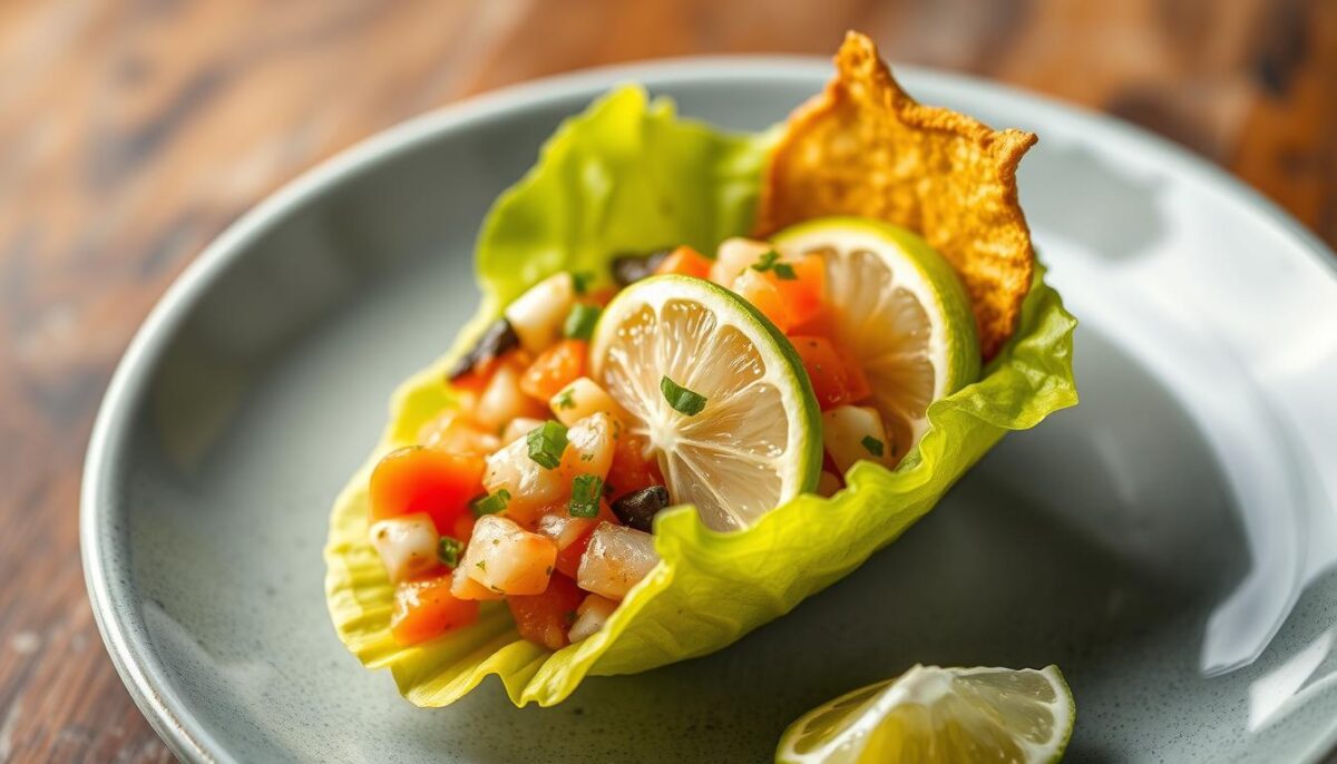 Generate an image of a refreshing citrus-marinated seafood ceviche dish served in a delicate lettuce cup, garnished with plantain chips and a slice of lime.
