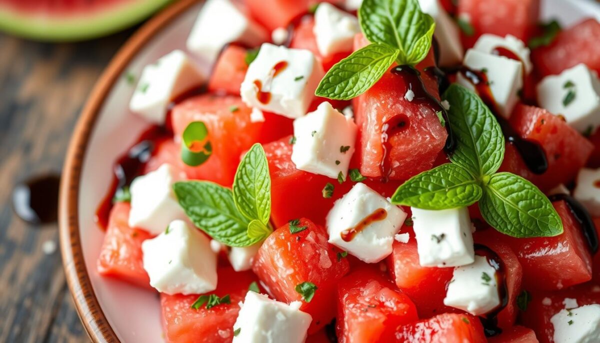 Generate an image of a refreshing watermelon and feta salad with mint leaves and balsamic glaze.