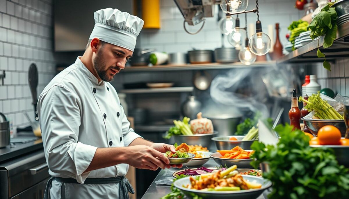Generate an image of a restaurant kitchen with a chef creatively repurposing vegetable trimmings.