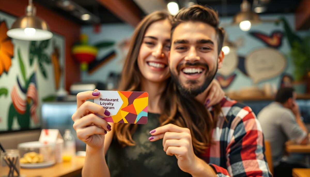 Generate an image of a restaurant loyalty program card being held by a happy customer.