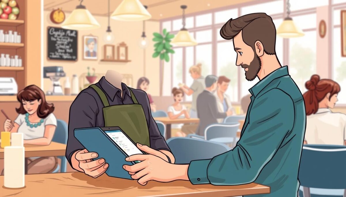 Generate an image of a restaurant manager using Deputy's scheduling software on a tablet.