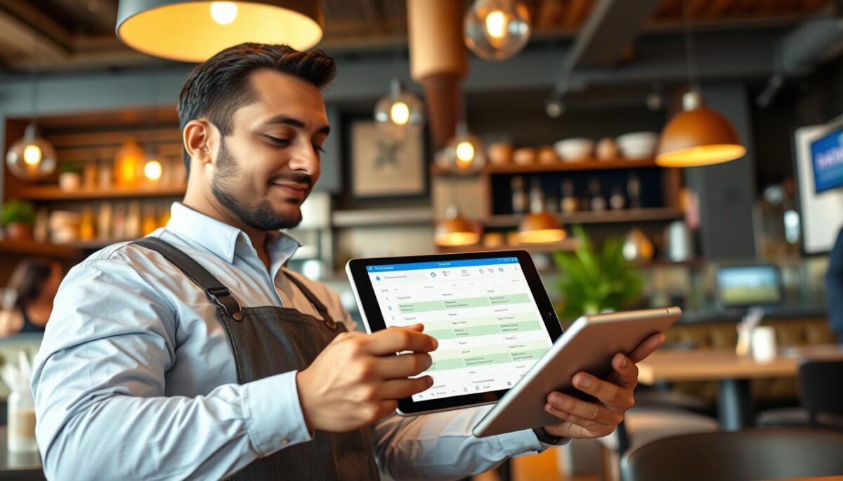 Generate an image of a restaurant manager using Homebase on their tablet to manage employee schedules.
