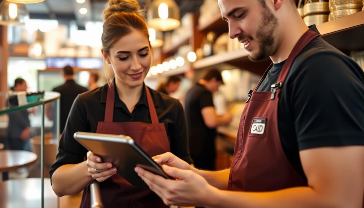 Generate an image of a restaurant manager using Toast Tab on a tablet to manage inventory.