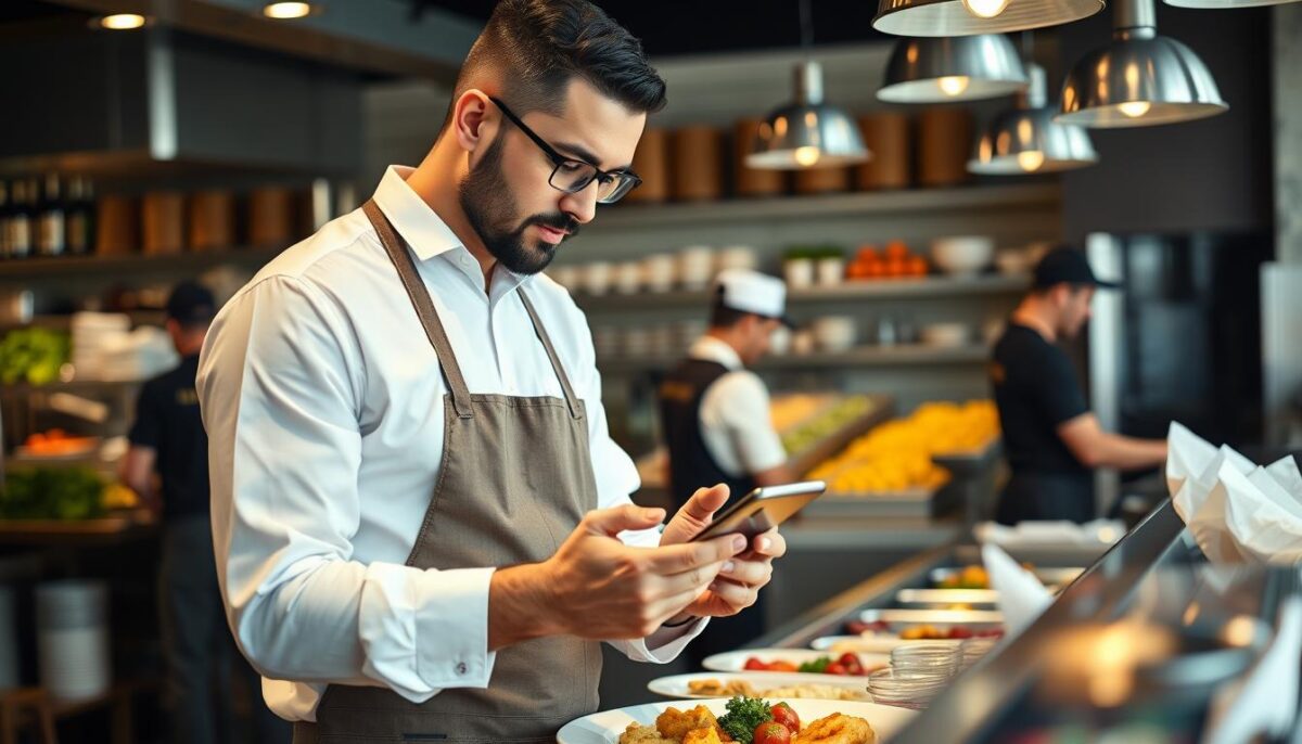 Generate an image of a restaurant manager using a mobile app to manage inventory.