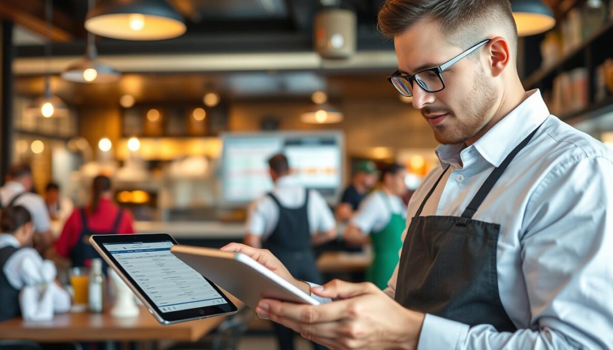 Generate an image of a restaurant manager using a scheduling software on a tablet