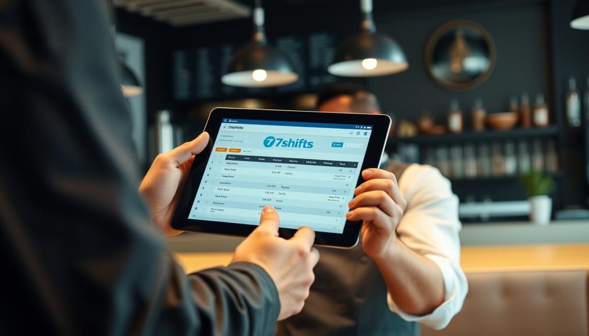 Generate an image of a restaurant manager using a tablet with the 7shifts scheduling software interface on the screen.