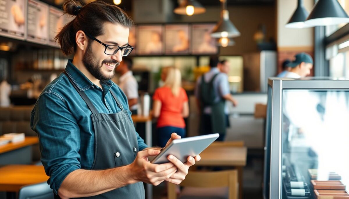 Generate an image of a restaurant owner using Sling on a tablet to manage employee schedules.