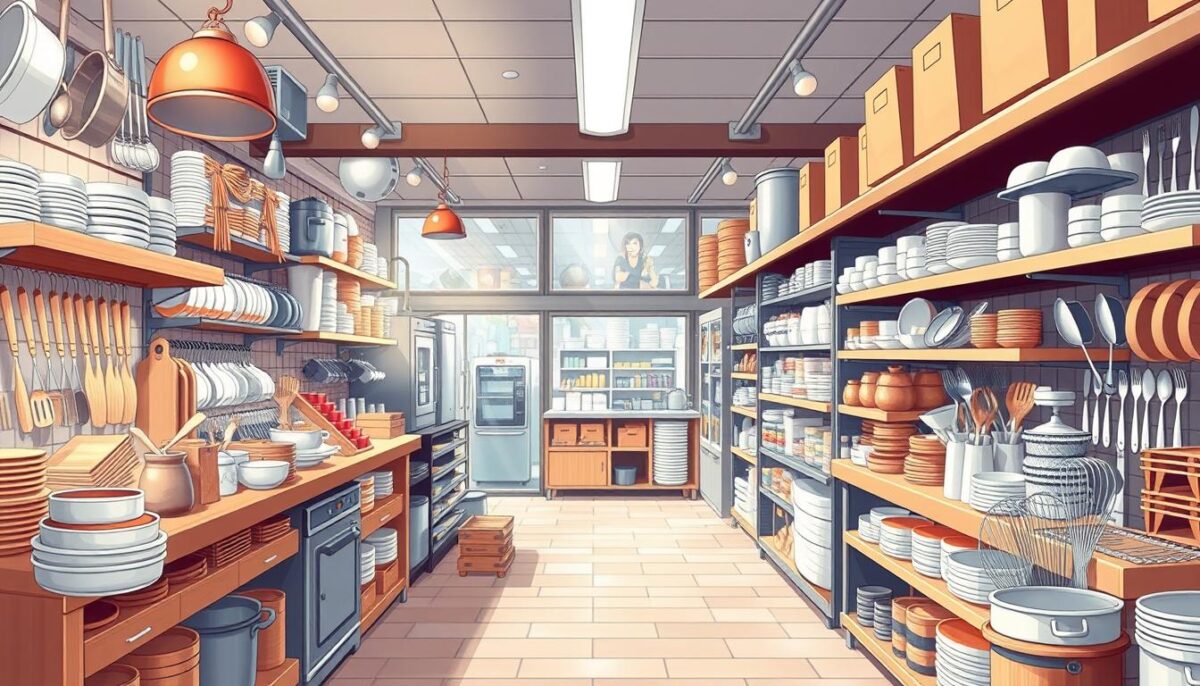 Generate an image of a restaurant supply store with various equipment and supplies.