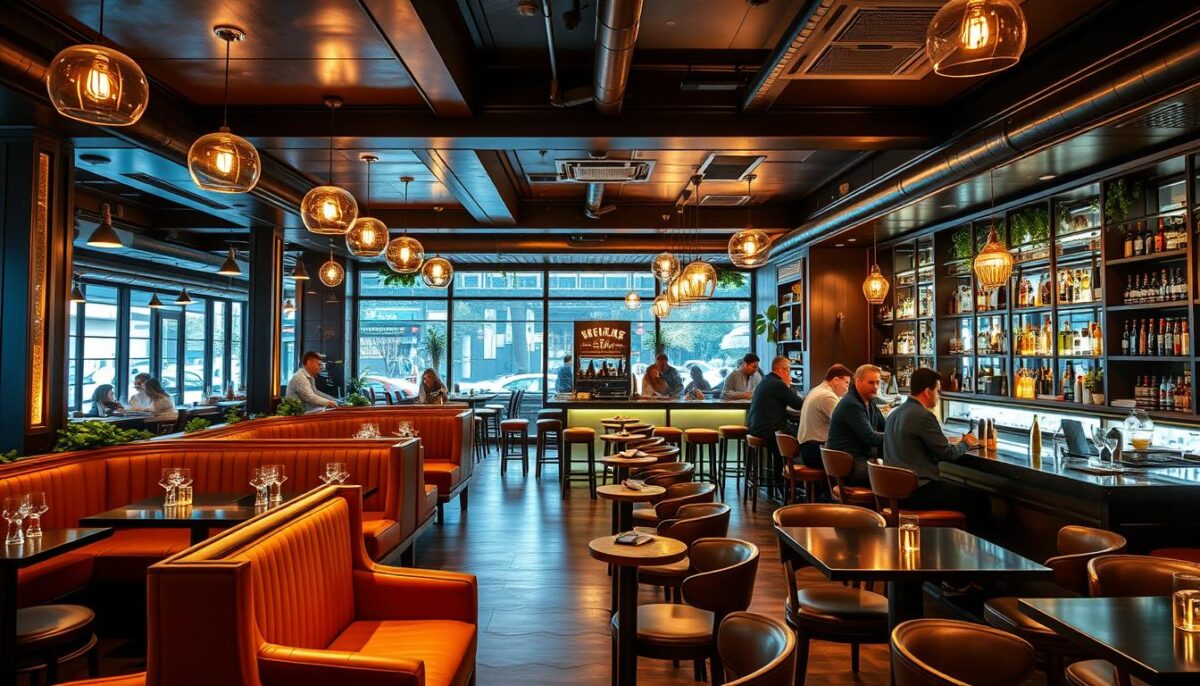 Generate an image of a well-designed restaurant bar with comfortable seating and a lively atmosphere.