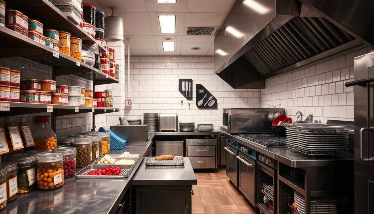 Generate an image of a well-organized restaurant kitchen with labeled inventory