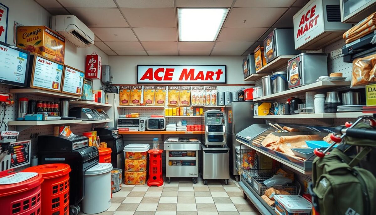 Generate an image of an Ace Mart store with restaurant equipment on display.