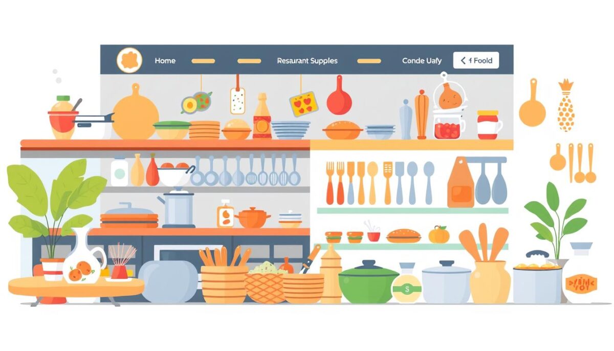 Generate an image of an online store with a wide variety of restaurant supplies.