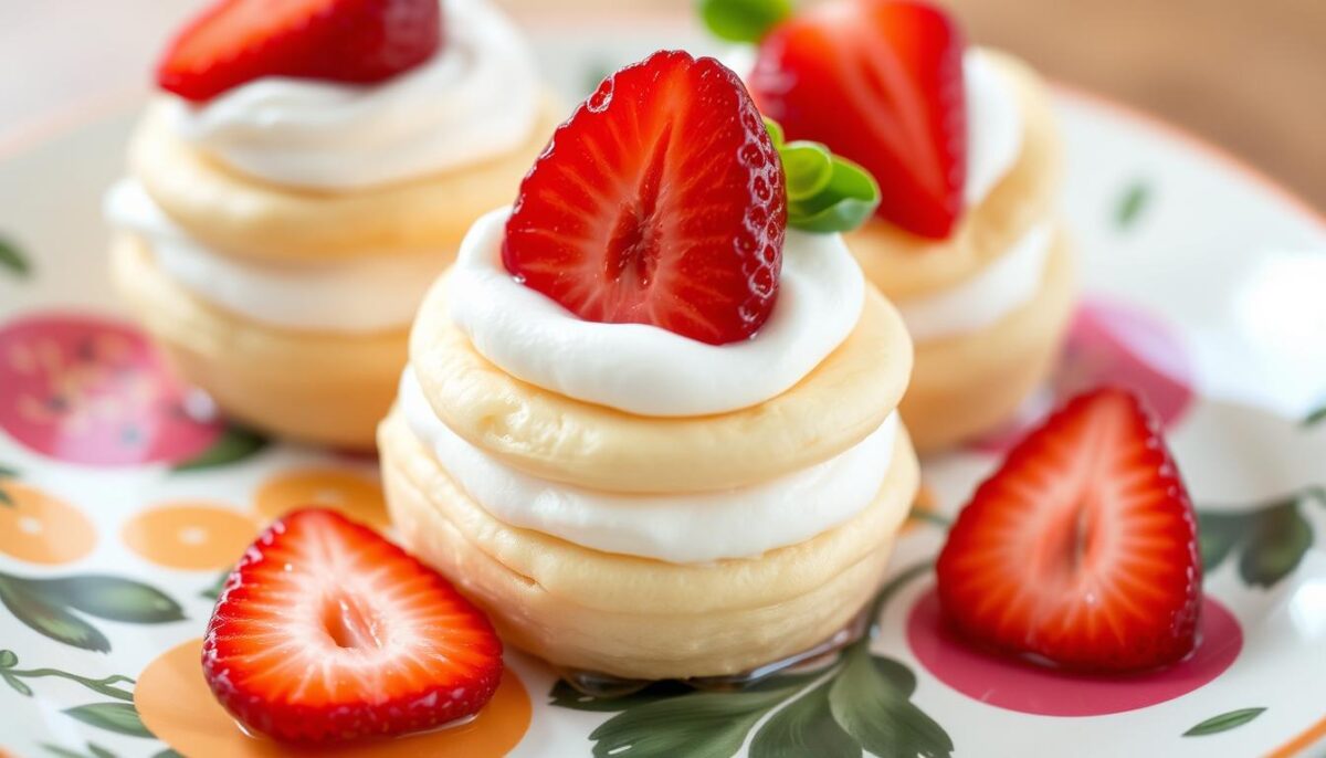 Generate an image of bite-sized puff pastry sliders filled with whipped cream and fresh strawberries, presented on a colorful dessert plate.