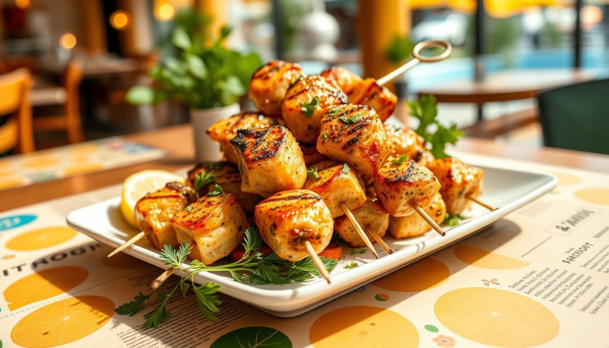 Generate an image of grilled lemon herb chicken skewers on a summer-themed restaurant menu.