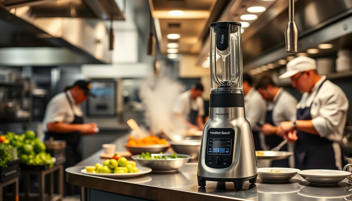 Generate an image of the Hamilton Beach Commercial Immersion Blender in a commercial kitchen setting.