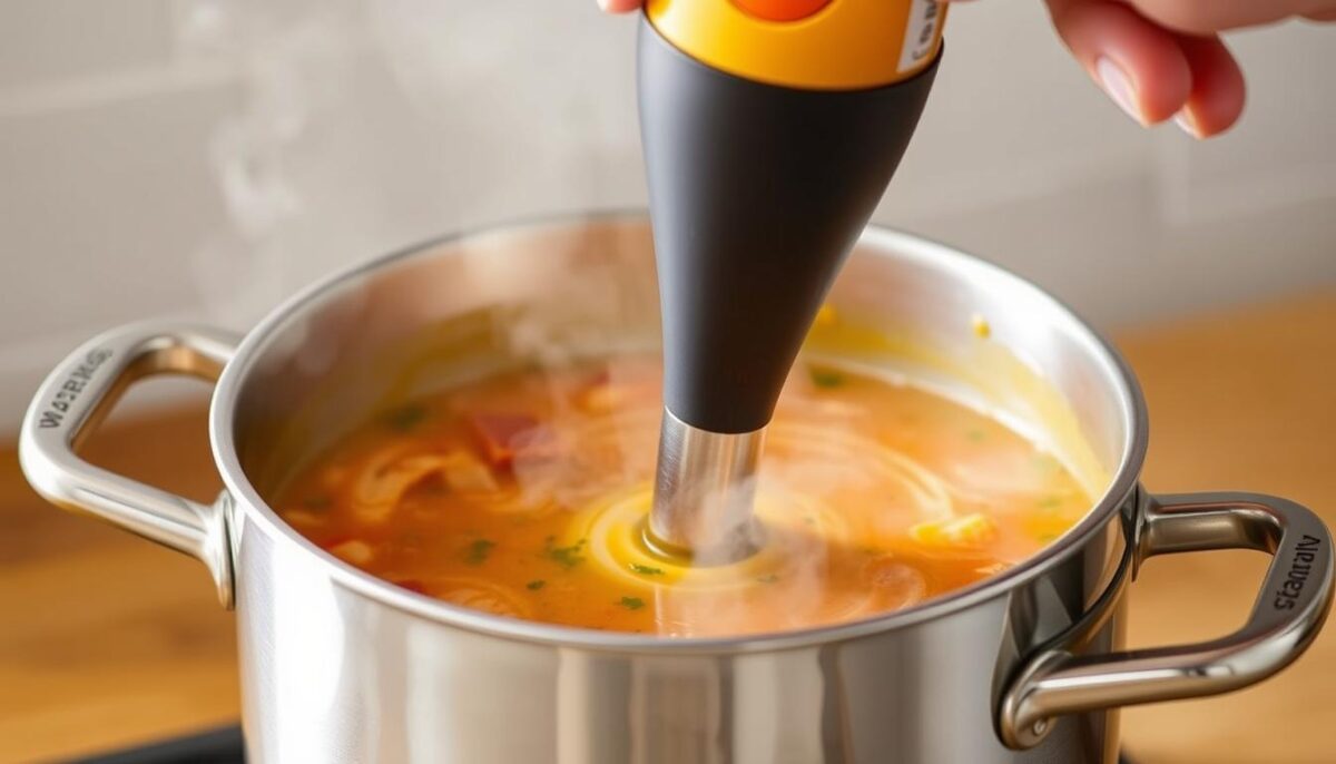 Generate an image of the Waring Commercial Quik Stik Immersion Blender being used to blend a soup.