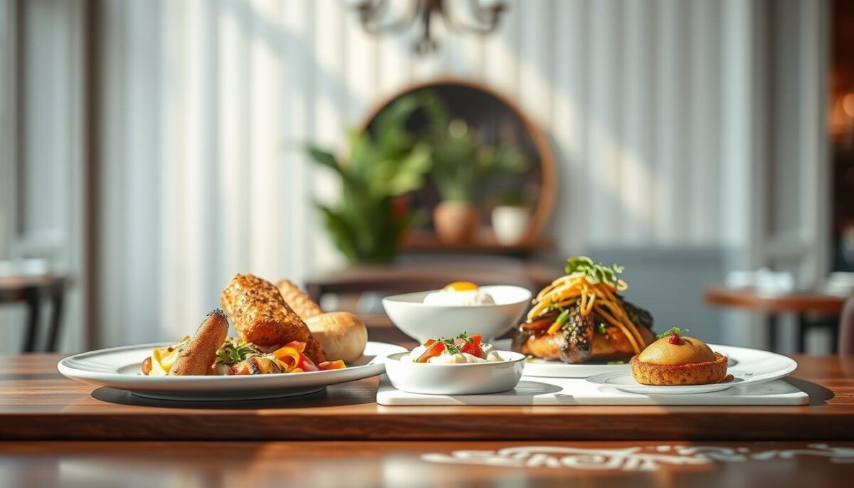High-quality, photorealistic menu illustrations showcasing delicious dishes against a softly blurred background. The foreground features various menu items artfully arranged, with natural lighting casting warm, inviting shadows. The middle ground has a subtle textured surface, such as a wooden table or marble countertop, to ground the scene. The background is an elegantly blurred interior setting, hinting at an upscale restaurant ambiance. The overall mood is sophisticated, appetizing, and designed to capture the viewer's attention and entice them to explore the menu further.