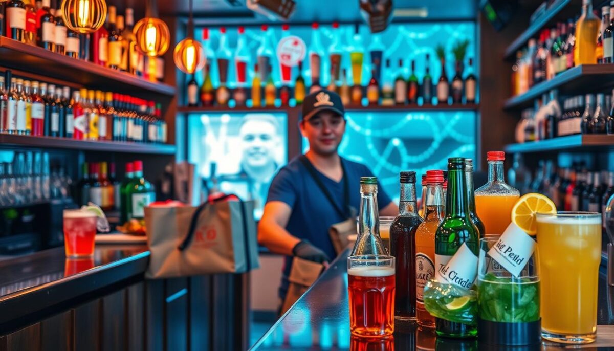 Image of a bar with a variety of beverages and a supplier delivering a new shipment