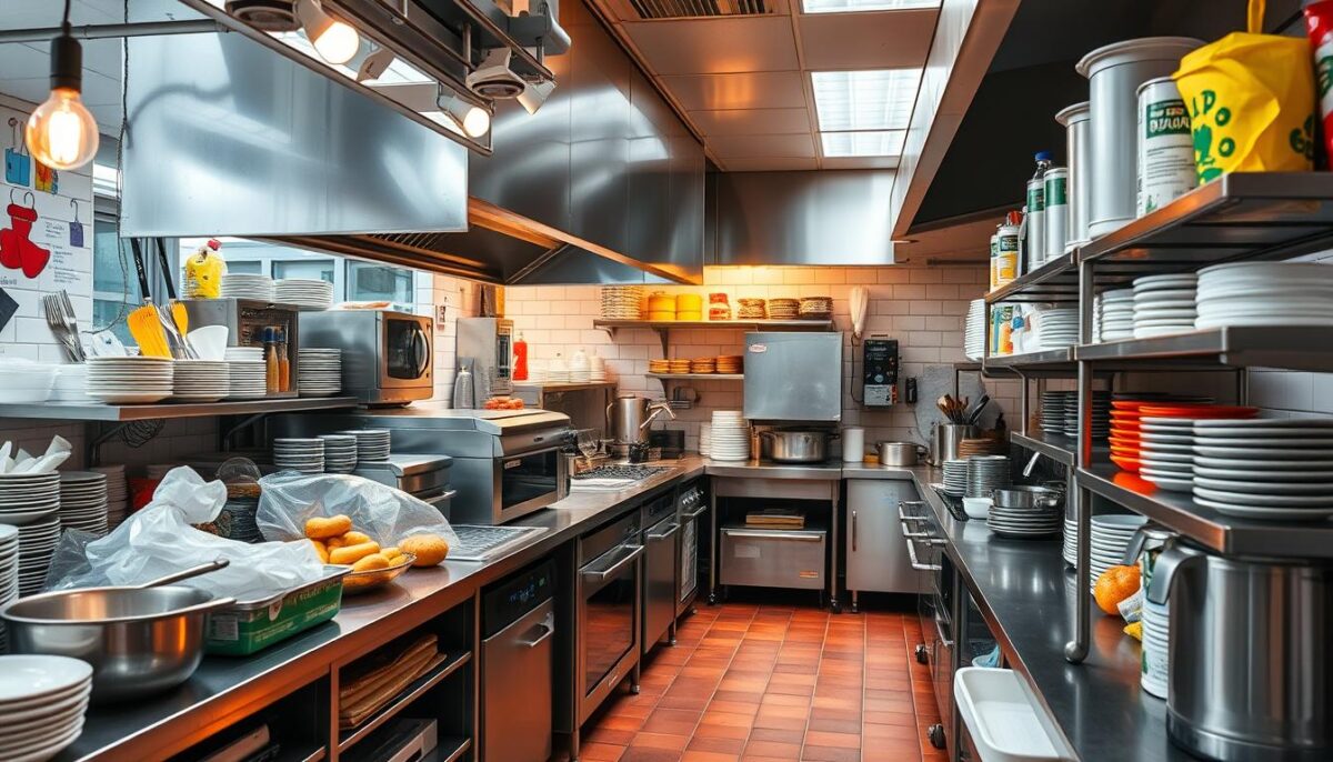 Image of a commercial kitchen with various equipment and supplies