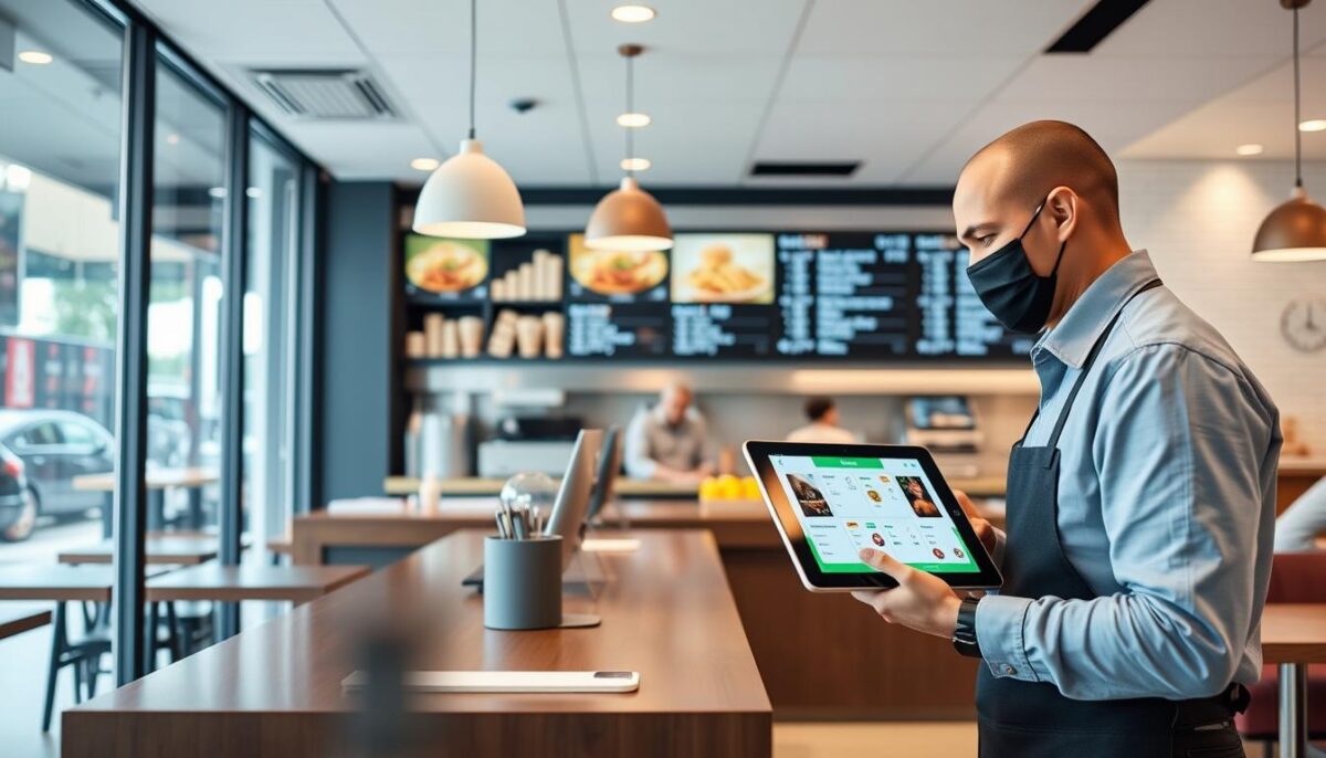 Image of a modern restaurant using digital ordering systems and tablets for customer service