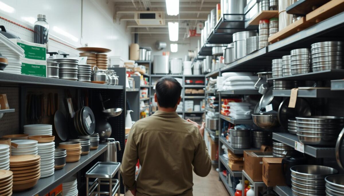 Image of a person in a restaurant supply store looking at equipment