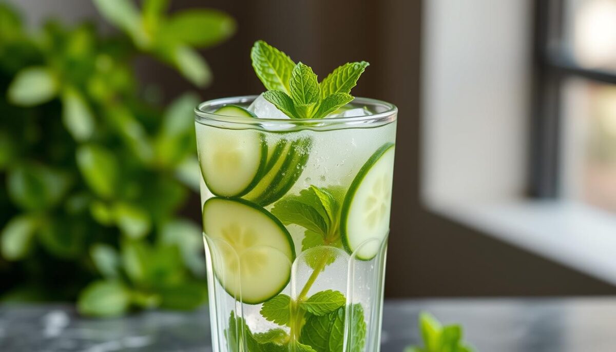 Image of a refreshing cucumber mint mojito in a tall glass with cucumber slices and mint leaves garnish