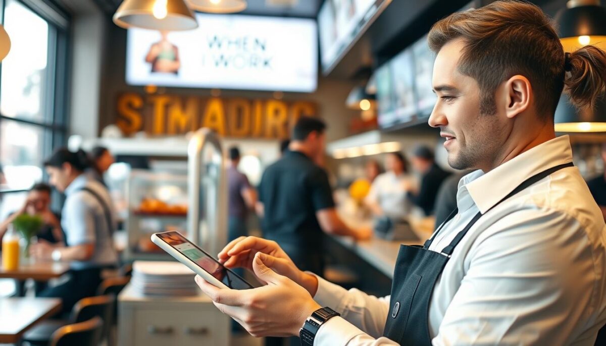 Image of a restaurant manager using When I Work on a tablet