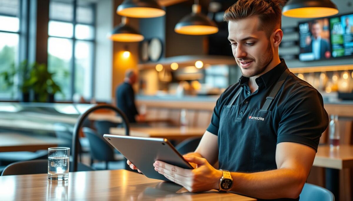 Image of a restaurant manager using loyalty program software on a tablet