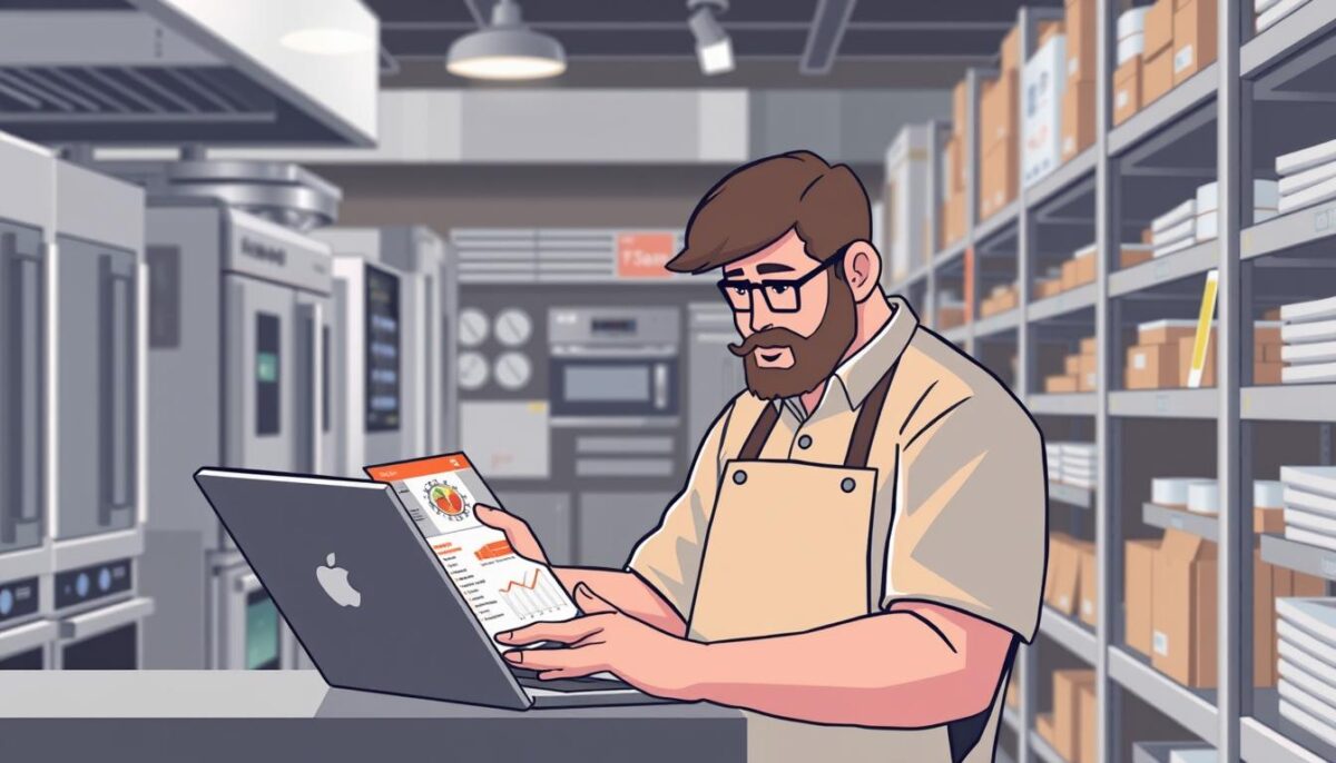 Image of a restaurant owner comparing prices of commercial kitchen equipment online and in-store.