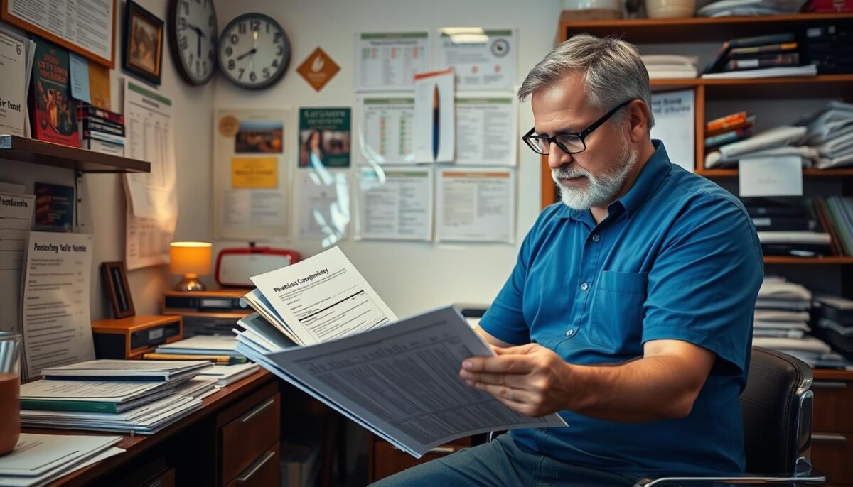 Image of a restaurant owner reviewing regulatory compliance documents