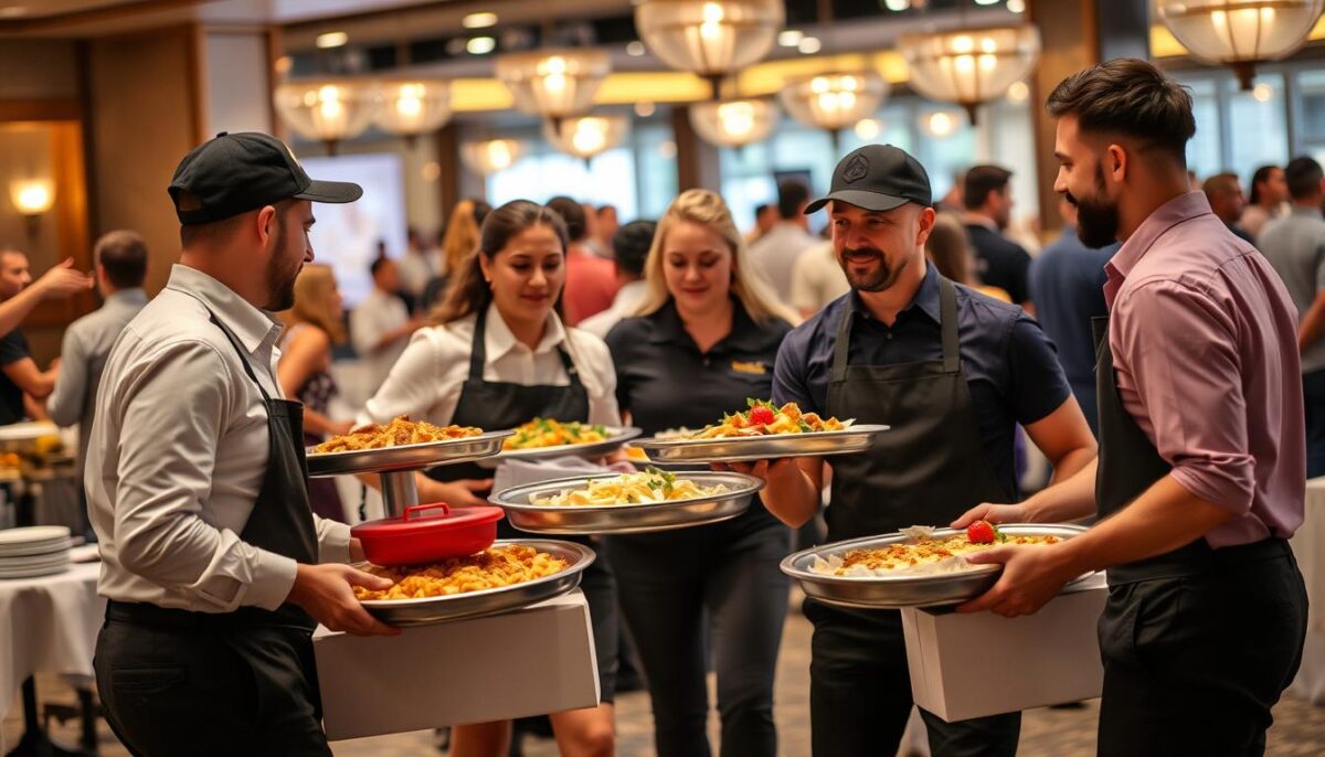 Image of a restaurant's catering delivery team in action