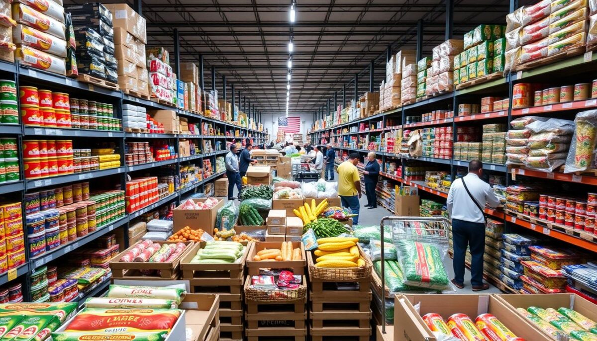 Image of a wholesale food distribution center with various products on shelves