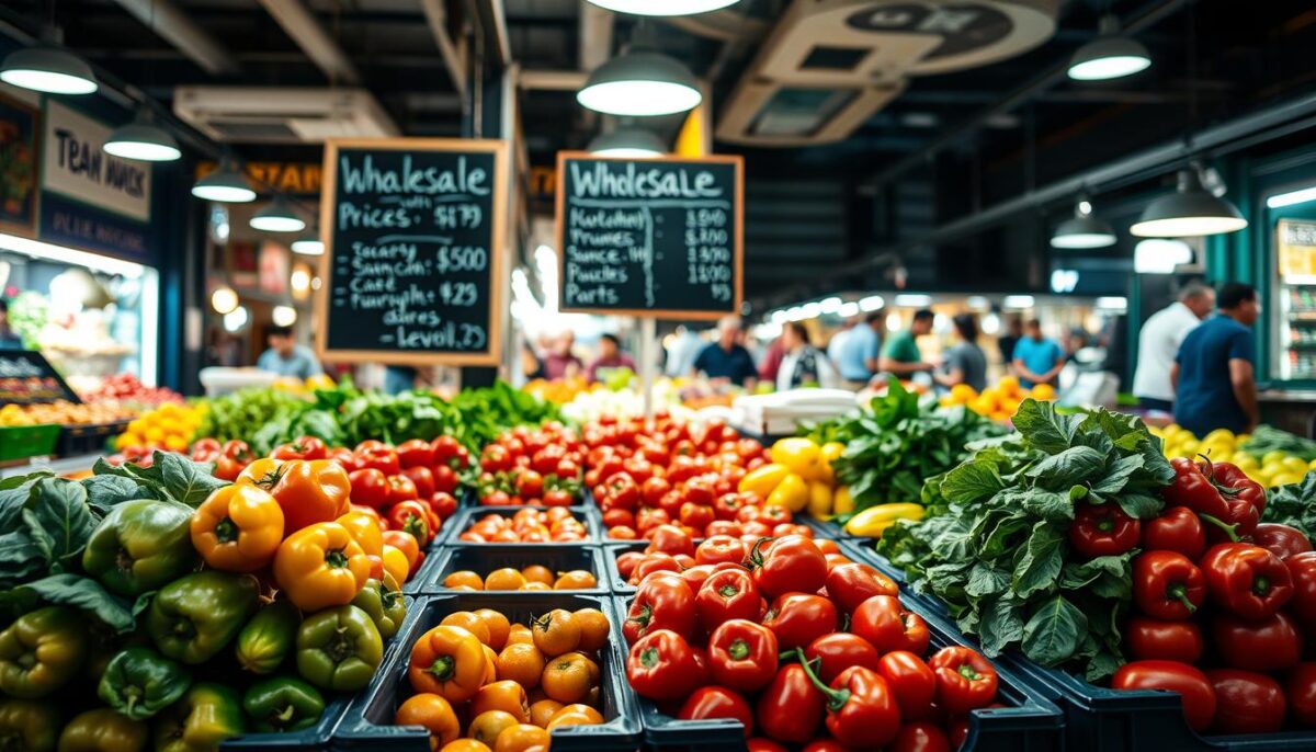 A brightly lit produce market stall, showcasing an assortment of fresh fruits and vegetables. The foreground features neatly stacked crates of tomatoes, bell peppers, and leafy greens, their vibrant colors and textures clearly visible. In the middle ground, a chalkboard sign displays the wholesale prices for the produce, inviting comparison to retail rates. The background reveals the bustling energy of the market, with vendors calling out offers and customers haggling over the best deals. Soft, diffused lighting illuminates the scene, creating a warm, inviting atmosphere that captures the essence of a thriving urban produce hub.