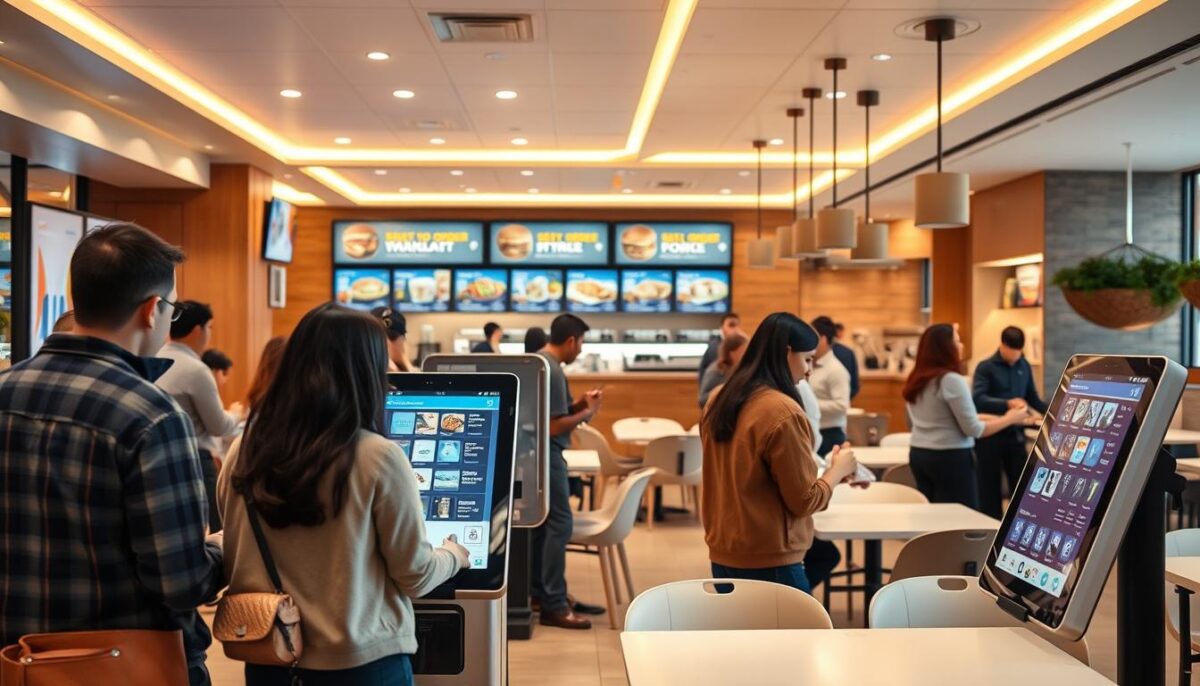 A bustling fast-food restaurant interior, with customers efficiently navigating self-order kiosks in the foreground. Warm, inviting lighting casts a soft glow, creating a welcoming atmosphere. The kiosks are sleek and intuitive, their touchscreens displaying vibrant, easy-to-navigate menus. In the middle ground, staff members assist patrons, ensuring a smooth and streamlined ordering experience. The background features neatly arranged tables and chairs, complemented by modern decor that enhances the restaurant's contemporary ambiance. The overall scene conveys a sense of productivity and convenience, highlighting how self-order kiosks can reduce wait times and improve customer satisfaction.