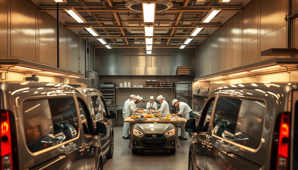 A bustling ghost kitchen facility, illuminated by the warm glow of LED lighting. In the foreground, sleek delivery vehicles await their orders, their drivers standing ready to swiftly transport the food. In the middle ground, a team of chefs meticulously prepare a variety of dishes, their movements choreographed like a well-oiled machine. The background reveals a maze of stainless steel workstations, shelves, and storage units, all designed for maximum efficiency. The atmosphere is one of quiet intensity, with a focus on speed and precision to ensure timely deliveries to hungry customers. A wide-angle lens captures the entire scene, showcasing the unique operational dynamics of this modern, technology-driven ghost kitchen.