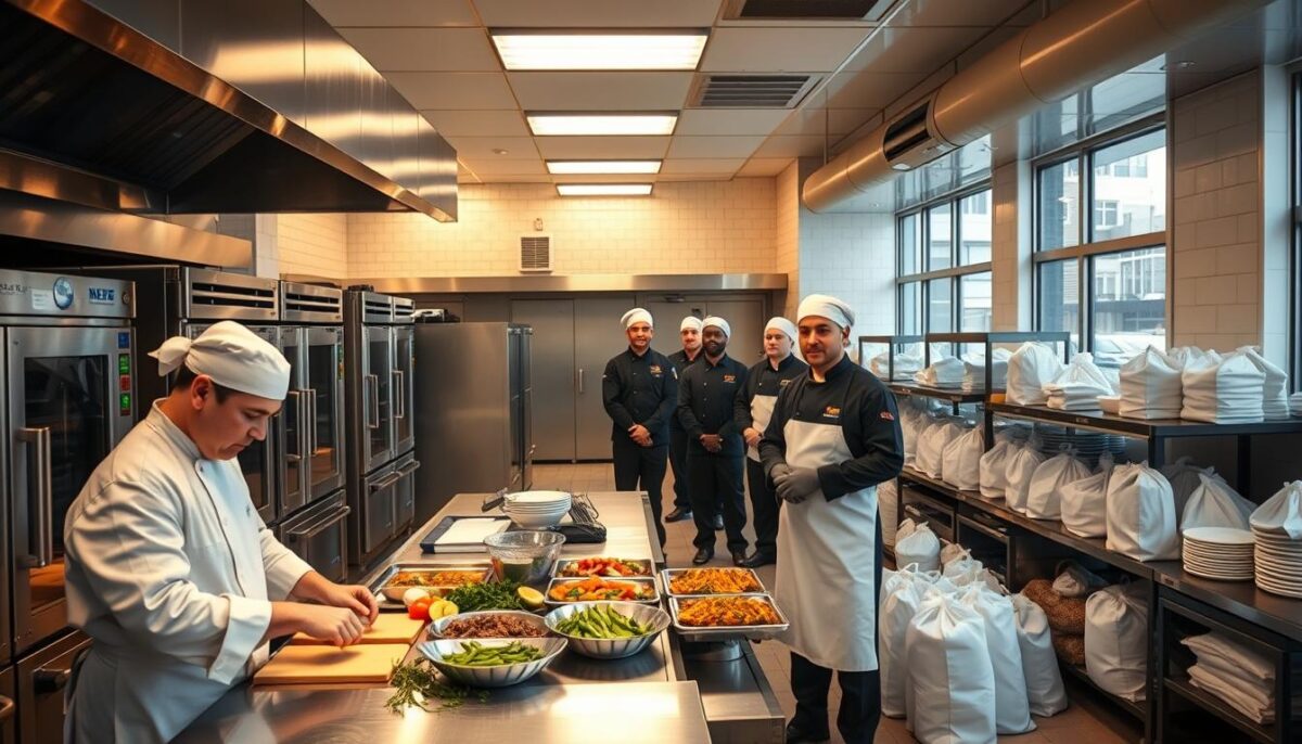 A bustling ghost kitchen interior, illuminated by warm overhead lighting and large windows. In the foreground, two chefs in crisp white uniforms collaborate at a stainless steel counter, prepping ingredients for their signature dishes. The middle ground showcases rows of commercial-grade ovens, fridges, and cooking equipment, all meticulously organized. In the background, a team of delivery drivers waits patiently, their insulated bags ready to transport the freshly prepared meals. The scene exudes efficiency, teamwork, and a shared passion for culinary excellence, capturing the essence of a thriving ghost kitchen collaboration.
