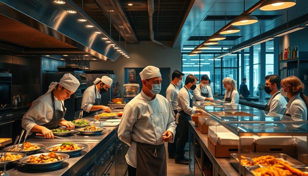 A bustling ghost kitchen operation, captured in vivid detail. The foreground showcases an efficient team of chefs, meticulously preparing a variety of dishes in a state-of-the-art kitchen equipped with the latest culinary technology. The middle ground reveals a seamless order fulfillment process, with delivery drivers eagerly waiting to transport the culinary creations to eager customers. In the background, a sleek, modern office space hums with the activity of operations managers overseeing the entire operation, ensuring smooth and profitable ghost kitchen operations. The scene is illuminated by a warm, amber-toned lighting, creating a cozy and inviting atmosphere, reflective of the real-world success stories in this dynamic industry.