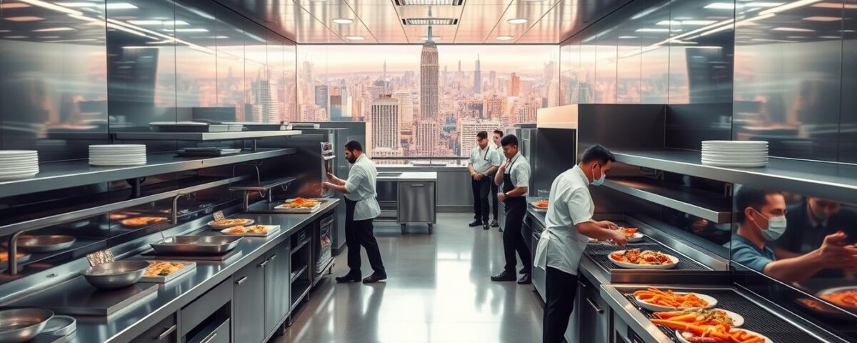 A bustling ghost kitchen operation, with stainless steel workstations, industrial shelving, and rows of commercial-grade ovens. Sleek, modern design with clean lines and a minimalist aesthetic. Bright, even lighting illuminates the space, casting a warm glow on the gleaming kitchen surfaces. In the background, a panoramic view of a vibrant city skyline, hinting at the high-density urban setting of this cloud kitchen facility. The atmosphere is one of efficiency, precision, and a relentless focus on food preparation and delivery. Chefs in crisp uniforms move with practiced ease, assembling orders for a wide variety of virtual restaurant brands. This is the heart of a profitable ghost kitchen operation, optimized for maximum productivity and customer satisfaction.