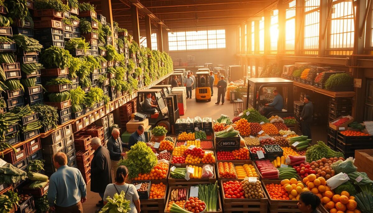 A bustling indoor market at Hunts Point, New York, with towering stacks of crates overflowing with an array of vibrant produce. Warm, diffused lighting filters through the industrial-style windows, casting a golden glow on the scene. In the foreground, shoppers carefully inspect an assortment of organic greens, herbs, and specialty items. The middle ground features wholesalers negotiating deals amidst piles of ripe fruits and vegetables. In the background, forklifts navigate the crowded aisles, delivering fresh shipments to the various stalls. The atmosphere is one of energetic commerce, showcasing the diverse and competitive offerings at this renowned produce market.