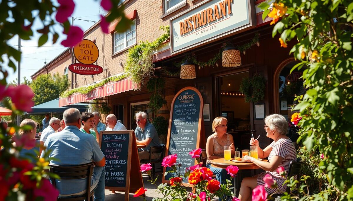 A bustling local restaurant patio on a sunny afternoon, with vibrant flowers and greenery framing the scene. In the foreground, a group of patrons enjoying a lively conversation over drinks and appetizers. In the middle ground, a chalkboard sign displaying the daily specials and promotions. The background features the restaurant's facade, adorned with inviting signage and decorative lighting, creating a warm and welcoming atmosphere. Captured with a wide-angle lens to convey a sense of community and local character.