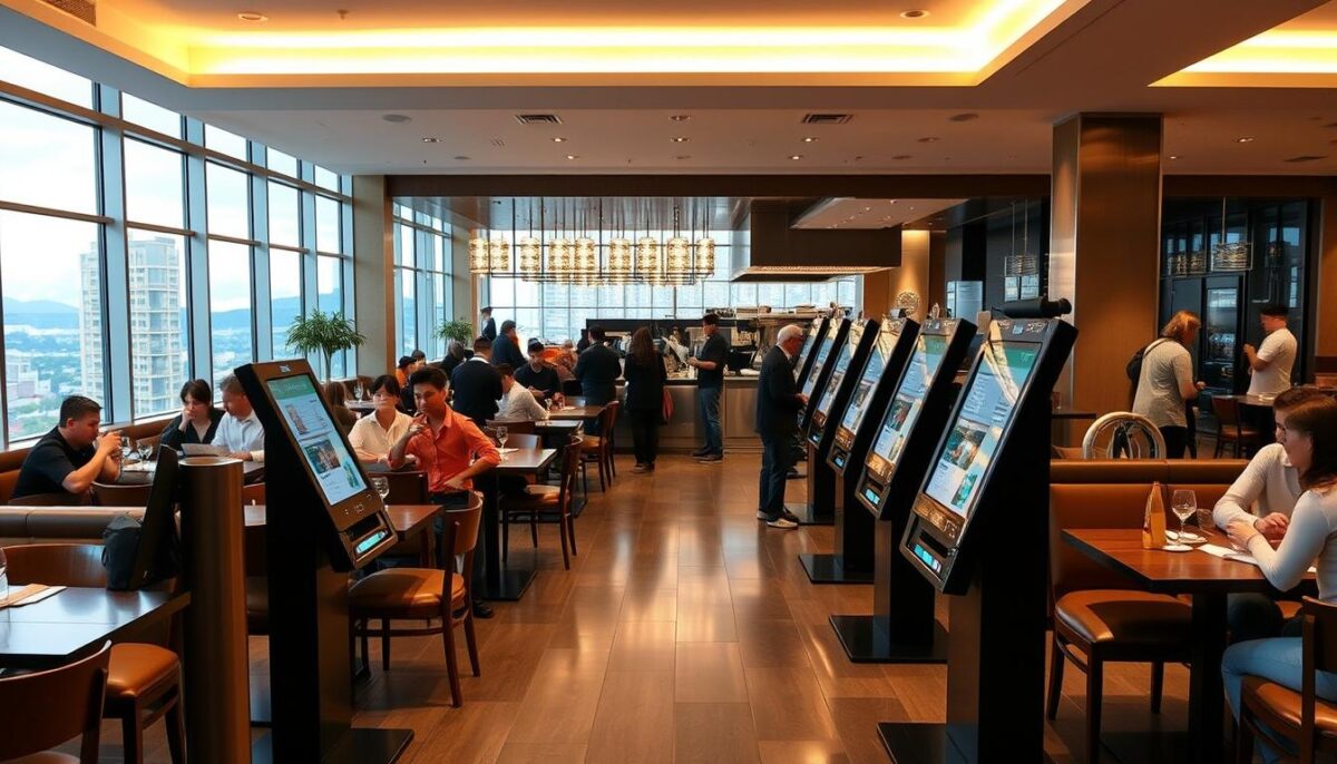 A bustling modern restaurant interior, well-lit with a warm, inviting ambiance. In the foreground, a row of self-service kiosks stand prominently, their sleek touchscreens beckoning customers to place orders. The middle ground features neatly arranged tables and chairs, with patrons actively engaging with the kiosks. The background showcases an open kitchen, its chefs skillfully preparing dishes. Large windows offer a pleasant view of the city outside, creating an airy, contemporary atmosphere. The overall scene conveys efficiency, convenience, and a thriving dining experience centered around the strategic placement of the self-service kiosks.